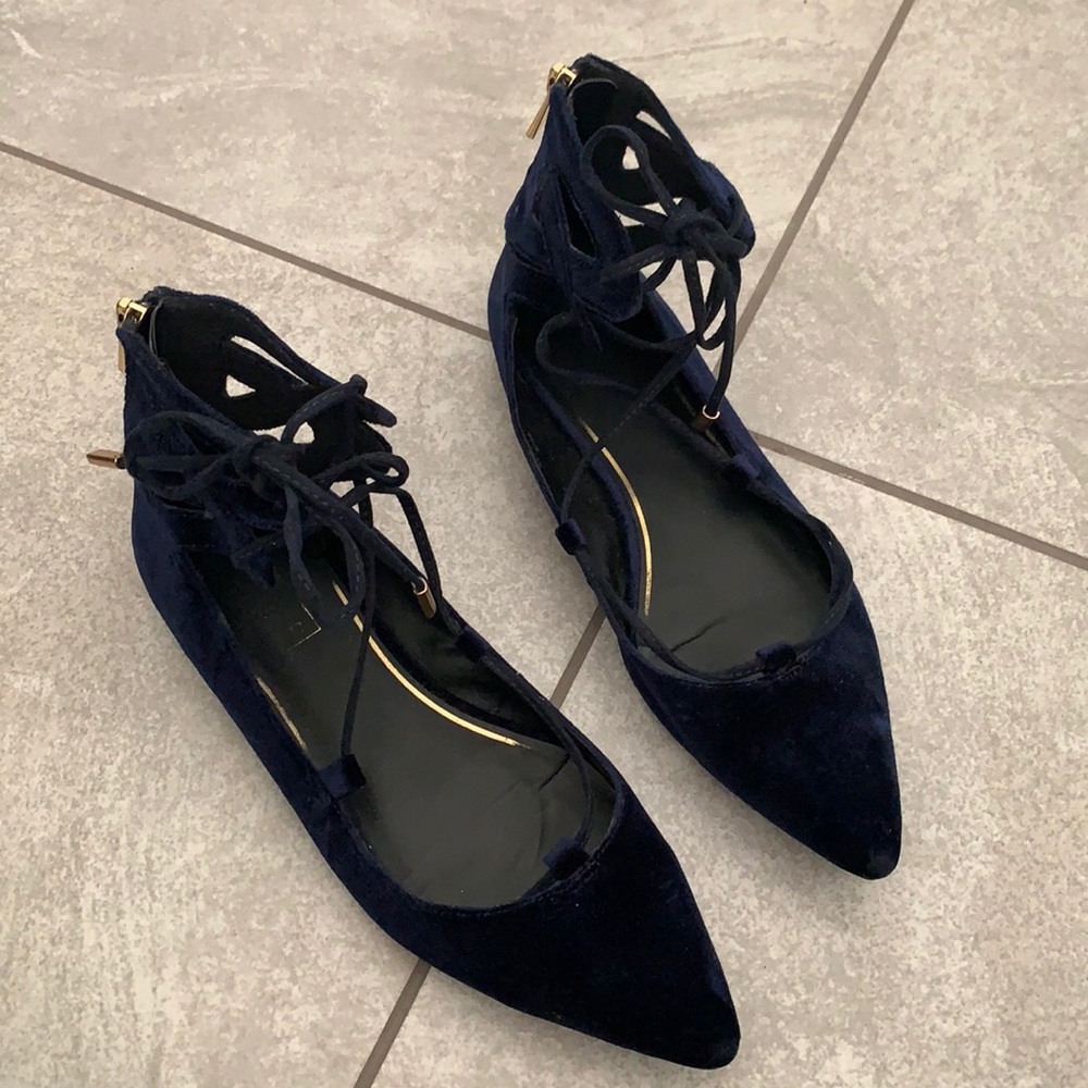 Topshop Navy Velour Lace Up Flats
